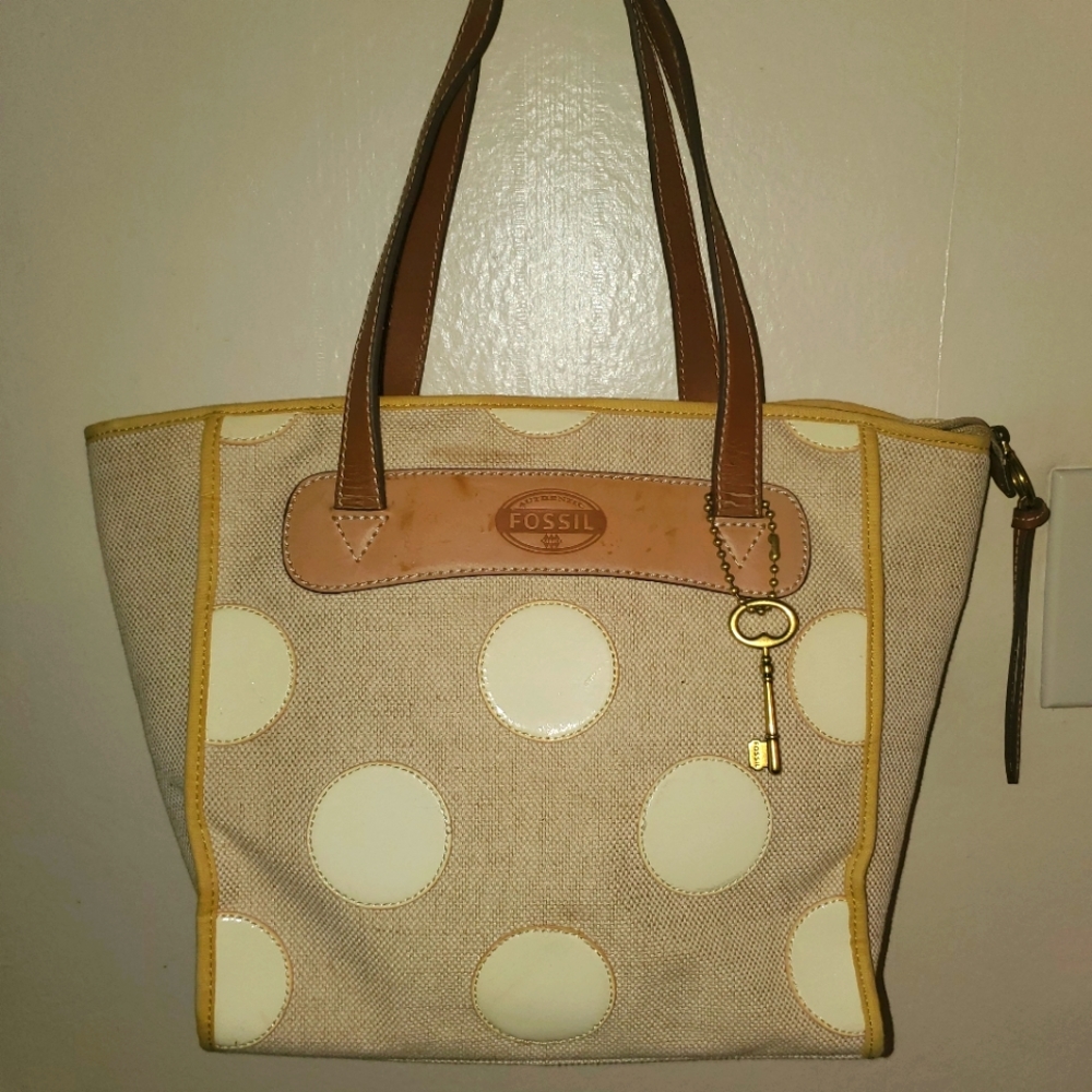 Vintage Burlap and Polka Dot Fossil Tote